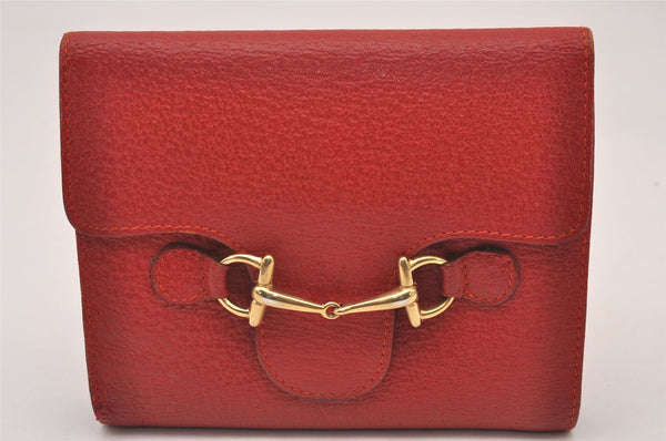 Authentic GUCCI Horsebit Vintage Trifold Wallet Purse Leather Red 1095I