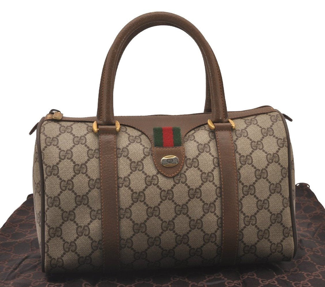 Authentic GUCCI Web Sherry Line Hand Boston Bag GG PVC Leather Brown 1109I