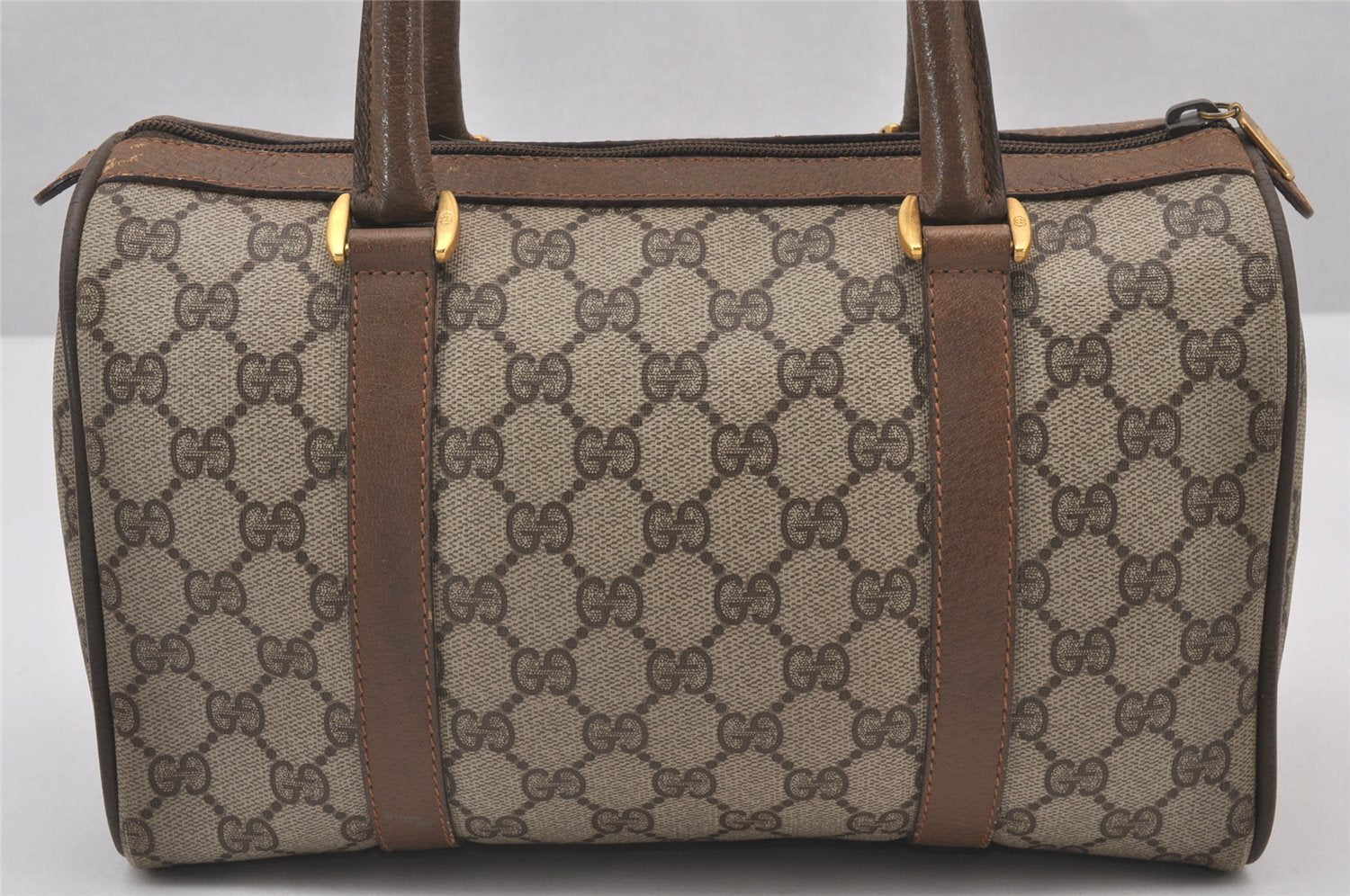 Authentic GUCCI Web Sherry Line Hand Boston Bag GG PVC Leather Brown 1109I
