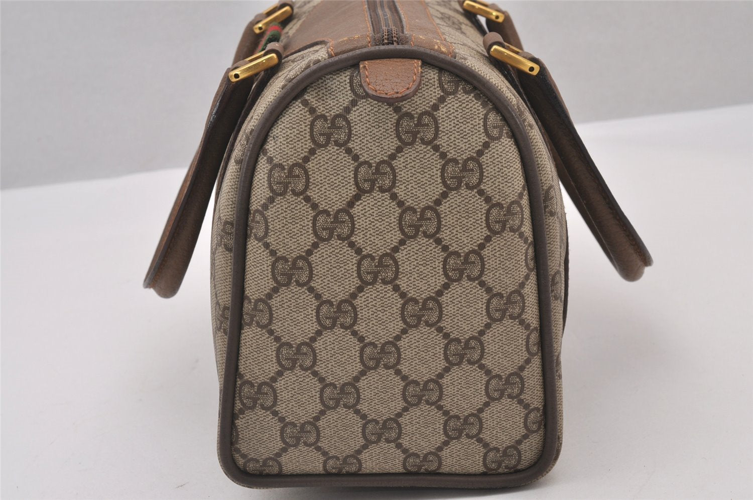 Authentic GUCCI Web Sherry Line Hand Boston Bag GG PVC Leather Brown 1109I