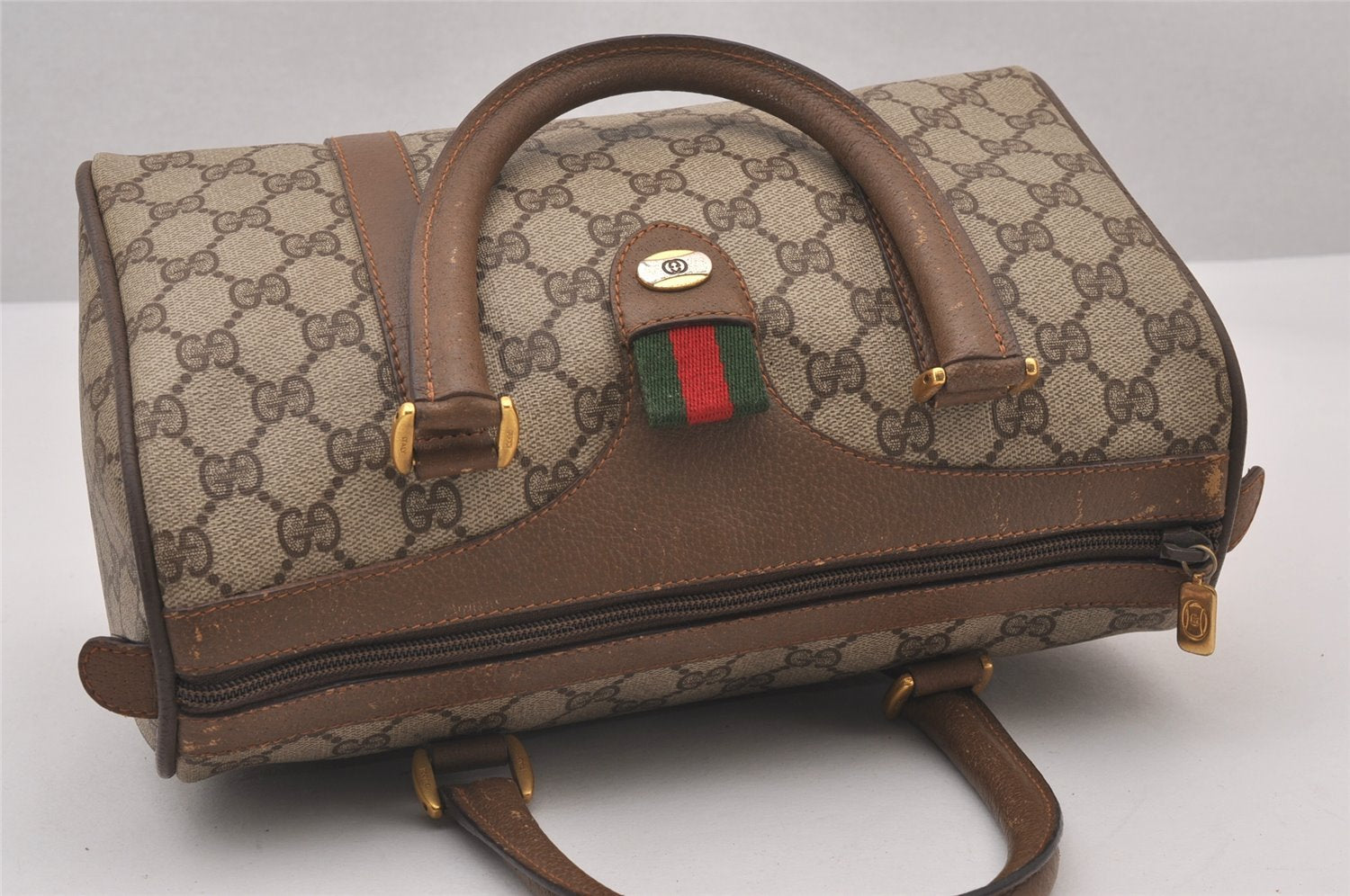 Authentic GUCCI Web Sherry Line Hand Boston Bag GG PVC Leather Brown 1109I