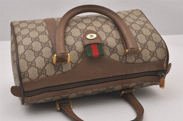 Authentic GUCCI Web Sherry Line Hand Boston Bag GG PVC Leather Brown 1109I