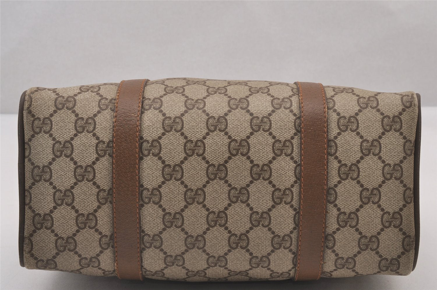Authentic GUCCI Web Sherry Line Hand Boston Bag GG PVC Leather Brown 1109I