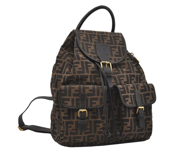 Authentic FENDI Vintage Zucca Backpack Purse Canvas Leather Brown 1111I