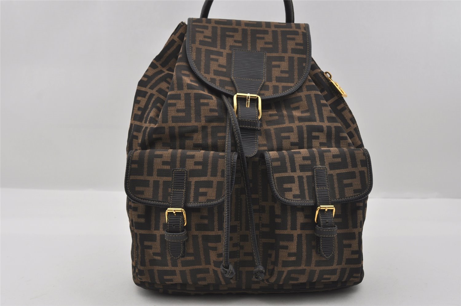 Authentic FENDI Vintage Zucca Backpack Purse Canvas Leather Brown 1111I
