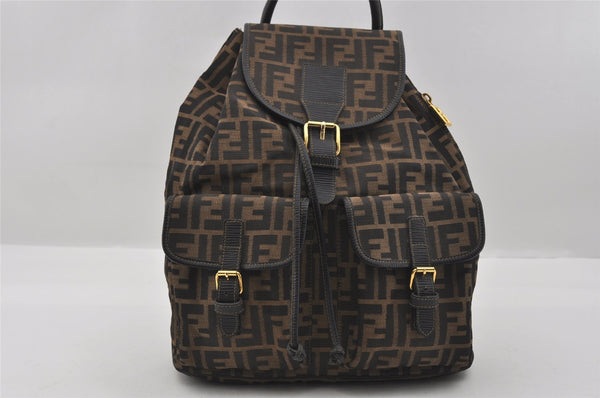 Authentic FENDI Vintage Zucca Backpack Purse Canvas Leather Brown 1111I