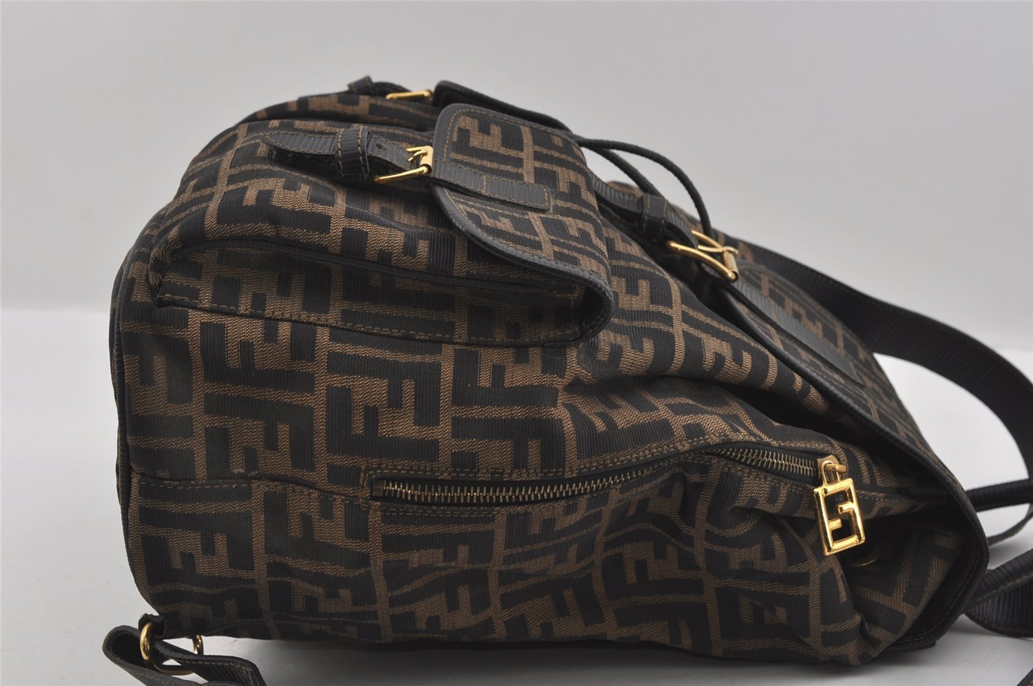 Authentic FENDI Vintage Zucca Backpack Purse Canvas Leather Brown 1111I