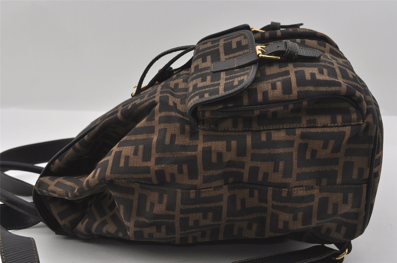 Authentic FENDI Vintage Zucca Backpack Purse Canvas Leather Brown 1111I