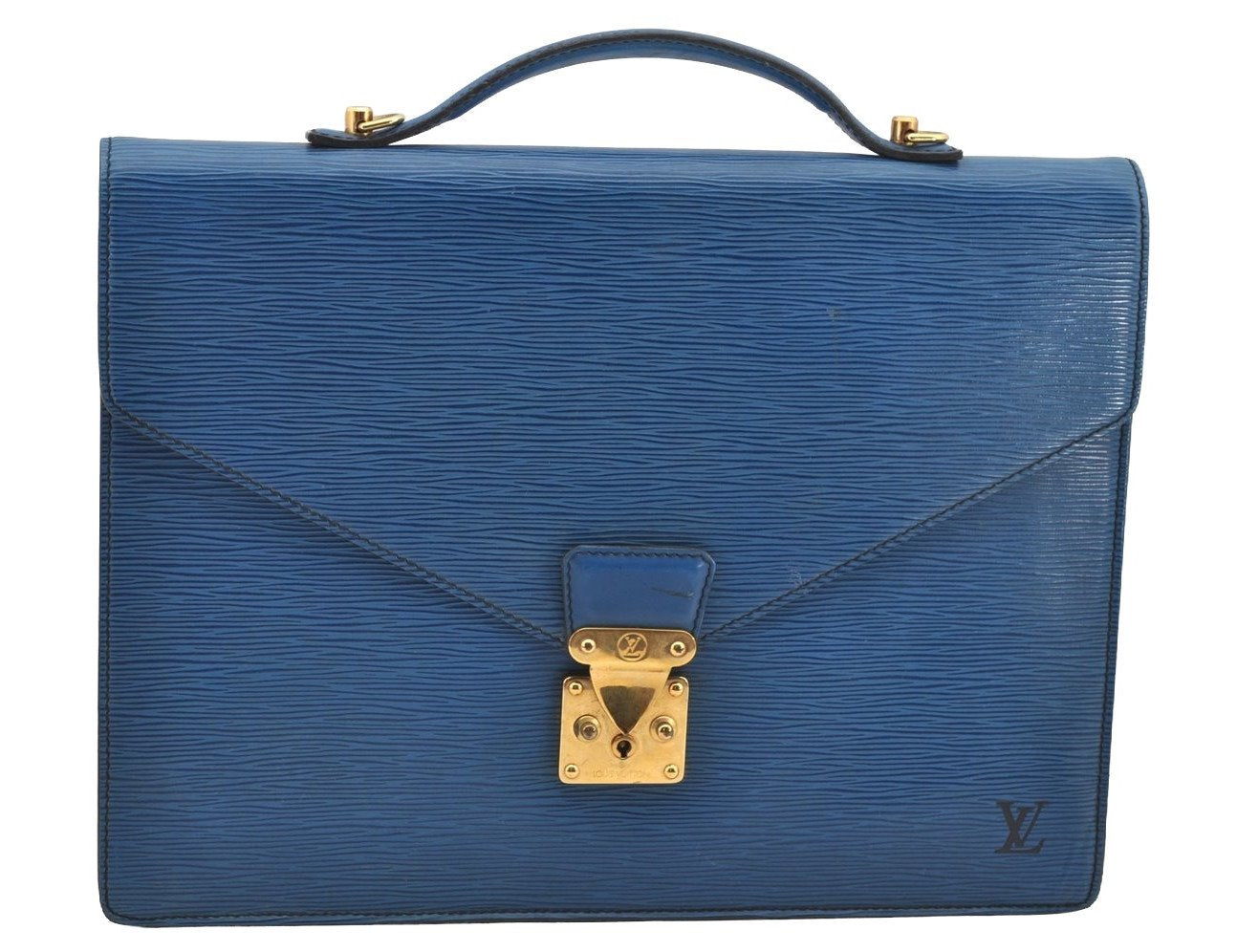 Authentic Louis Vuitton Epi Porte Documents Bandouliere SPO Briefcase Blue 1120I