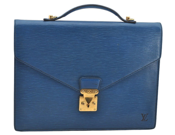 Authentic Louis Vuitton Epi Porte Documents Bandouliere SPO Briefcase Blue 1120I