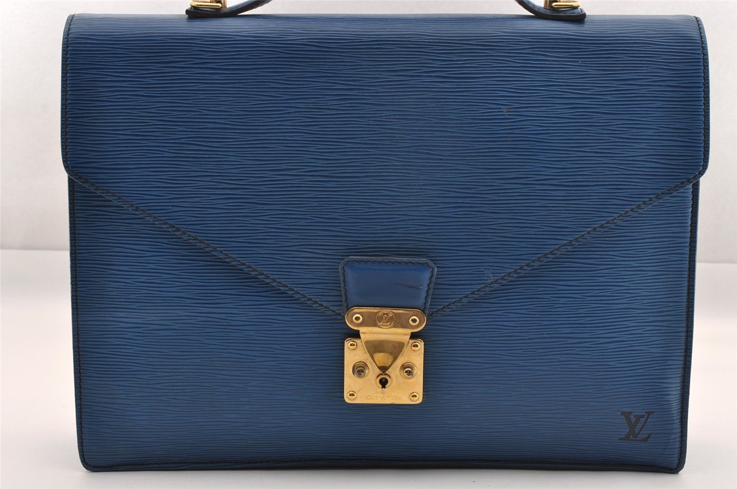 Authentic Louis Vuitton Epi Porte Documents Bandouliere SPO Briefcase Blue 1120I