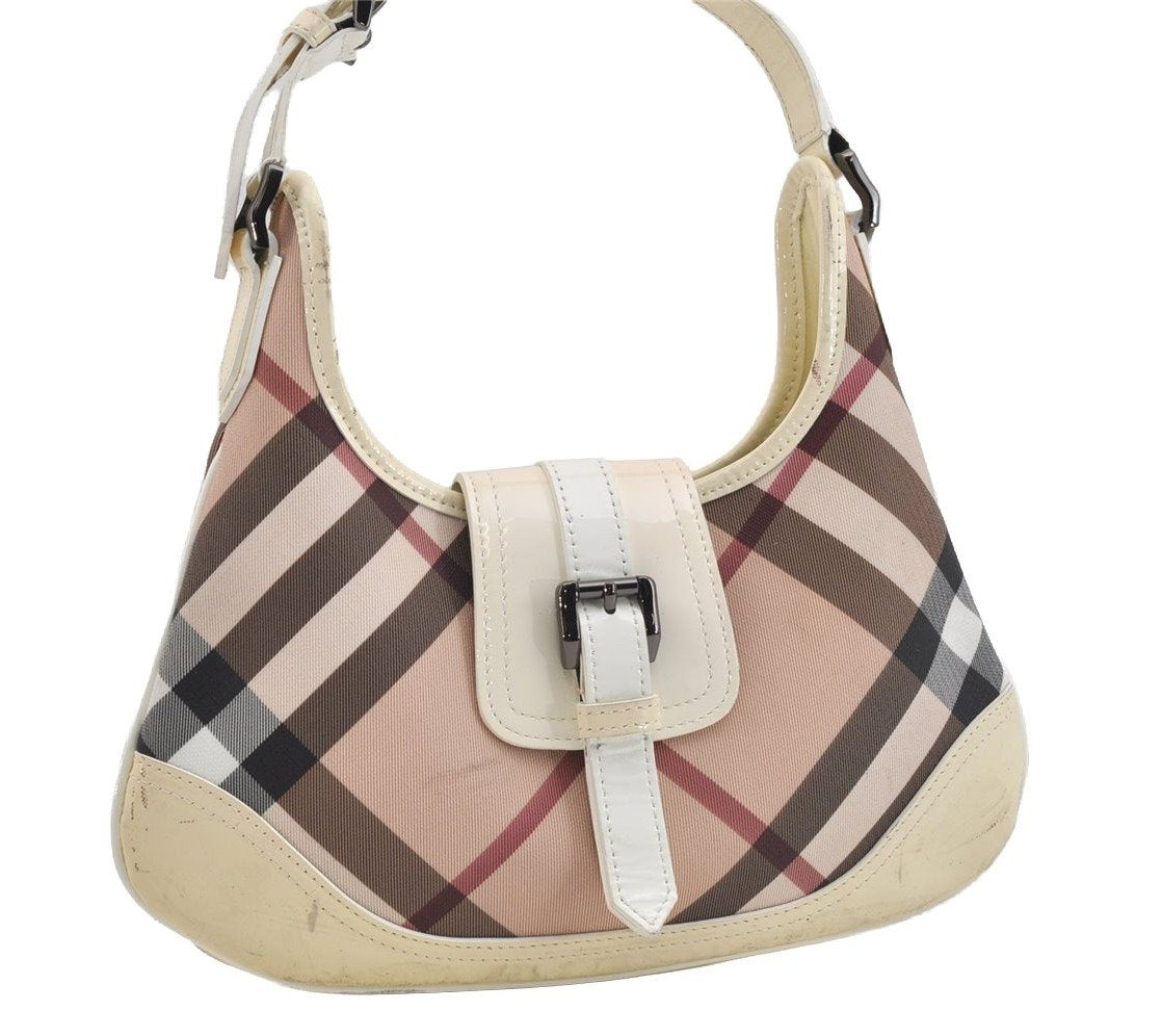 Authentic BURBERRY Nova Check Shoulder Hand Bag Purse PVC Enamel Beige 1123I