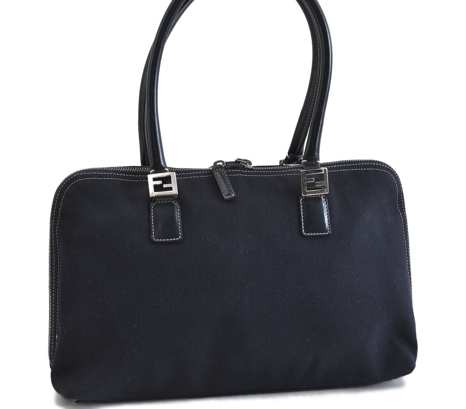 Authentic FENDI Shoulder Hand Bag Canvas Leather Blue 1127C