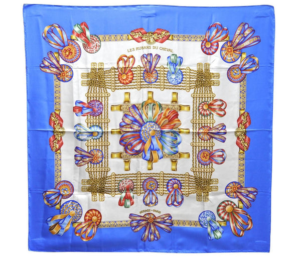 Authentic HERMES Carre 90 Scarf "LES RUBANS DU CHEVAL" Silk Blue 1127D