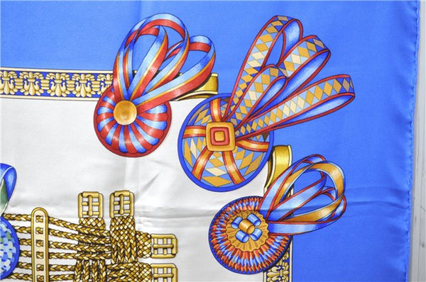 Authentic HERMES Carre 90 Scarf "LES RUBANS DU CHEVAL" Silk Blue 1127D