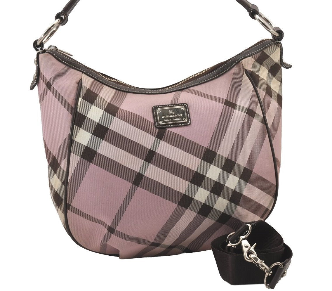 Authentic BURBERRY BLUE LABEL Check 2Way Shoulder Bag Canvas Leather Pink 1127I