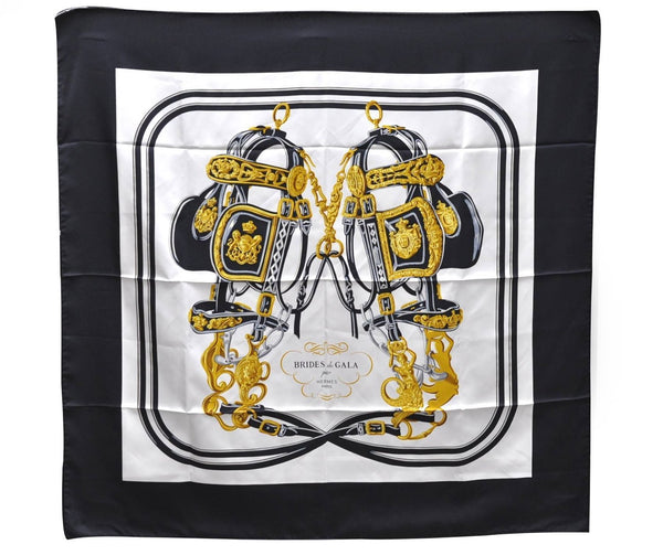 Authentic HERMES Carre 90 Scarf "BRIDES de GALA par" Silk Black 1128D