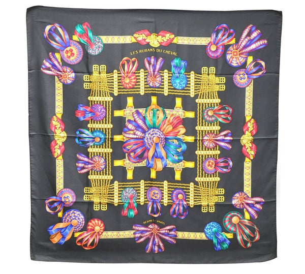 Authentic HERMES Carre 90 Scarf "LES RUBANS DU CHEVAL" Silk Black 1129D