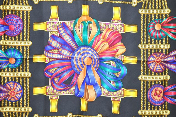 Authentic HERMES Carre 90 Scarf "LES RUBANS DU CHEVAL" Silk Black 1129D