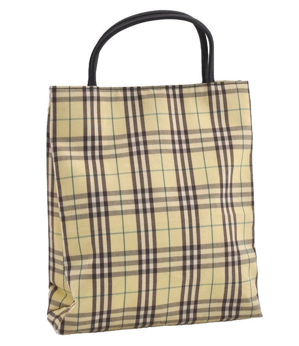 Authentic BURBERRY Check Tote Hand Bag Canvas Leather Light Yellow 1129I