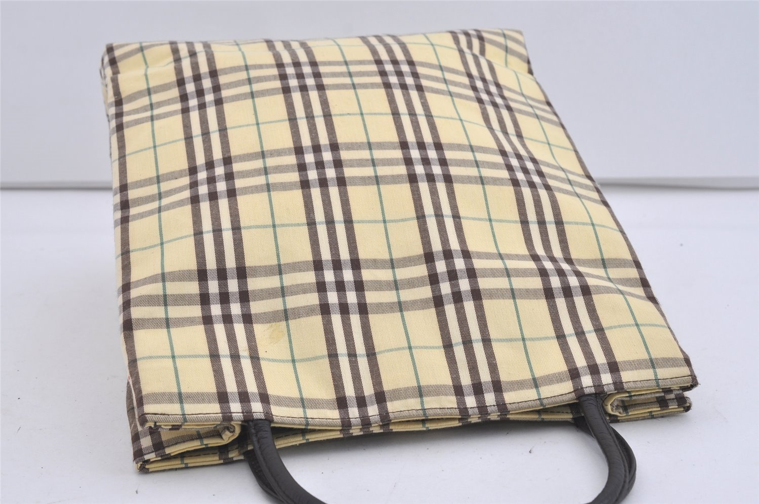 Authentic BURBERRY Check Tote Hand Bag Canvas Leather Light Yellow 1129I