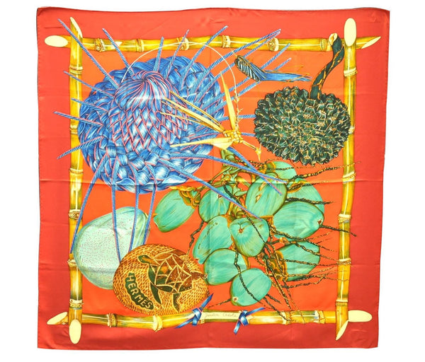 Authentic HERMES Carre 90 Scarf "Jardin Creole" Silk Red 1130D