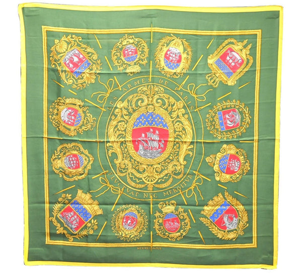 Authentic HERMES Carre 90 Scarf "Les Armes de Paris" Silk Yellow 1131D