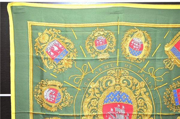 Authentic HERMES Carre 90 Scarf "Les Armes de Paris" Silk Yellow 1131D