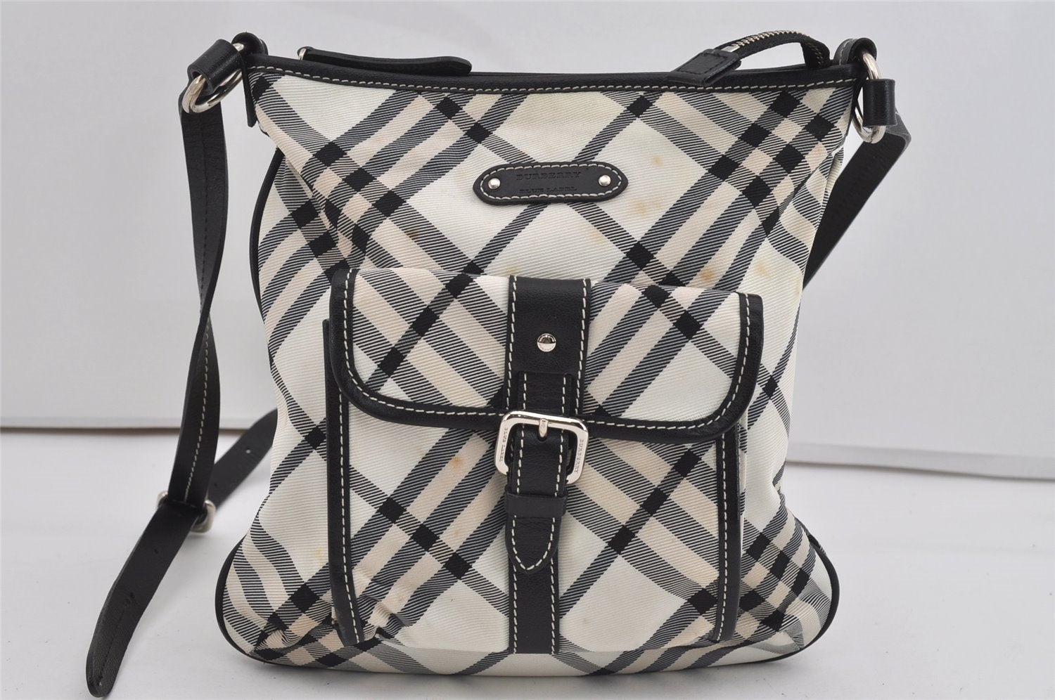 Authentic BURBERRY BLUE LABEL Check Shoulder Bag Nylon Leather White 1139I