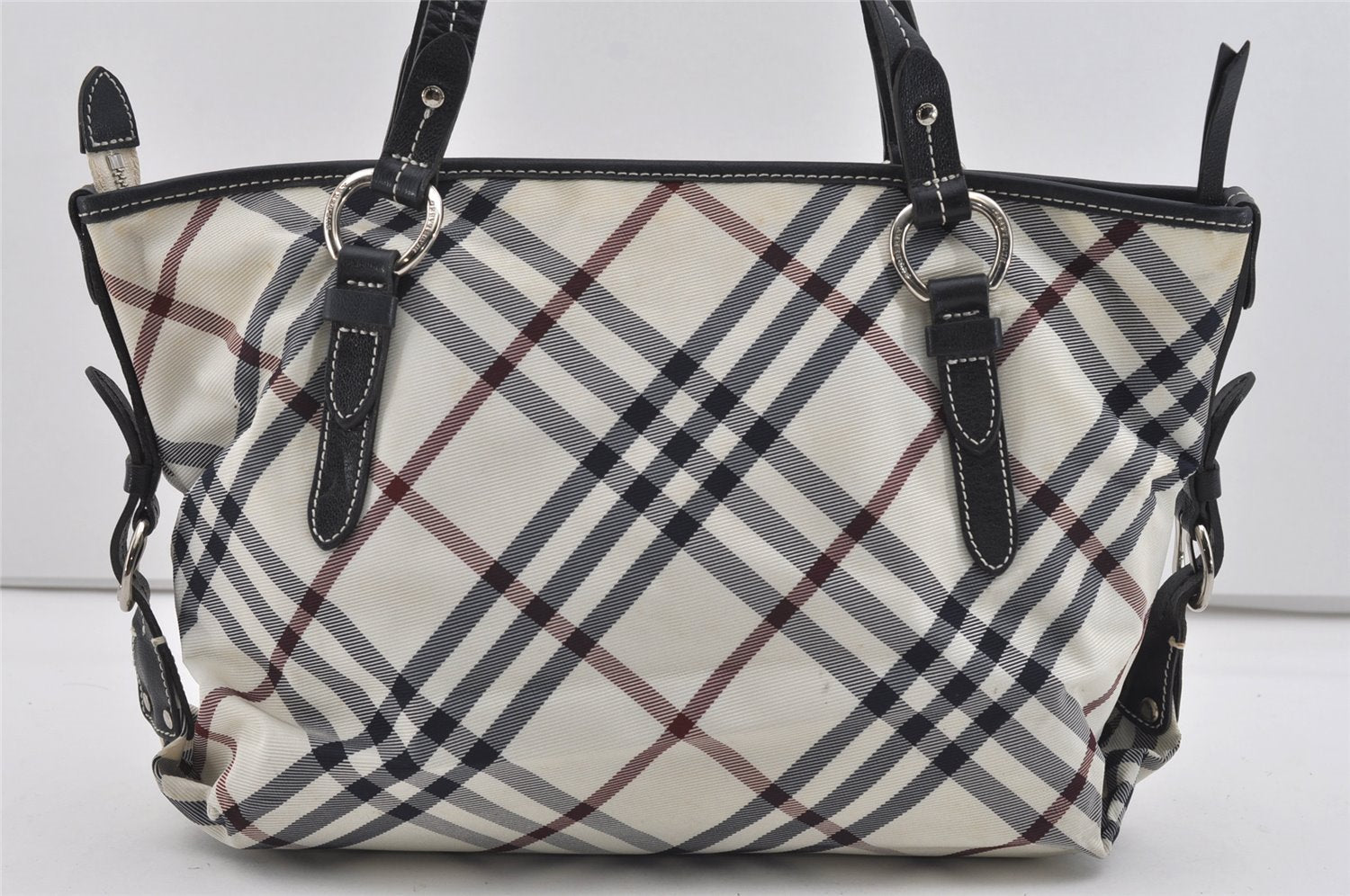 Authentic BURBERRY BLUE LABEL Check Shoulder Tote Bag Nylon Leather White 1141I