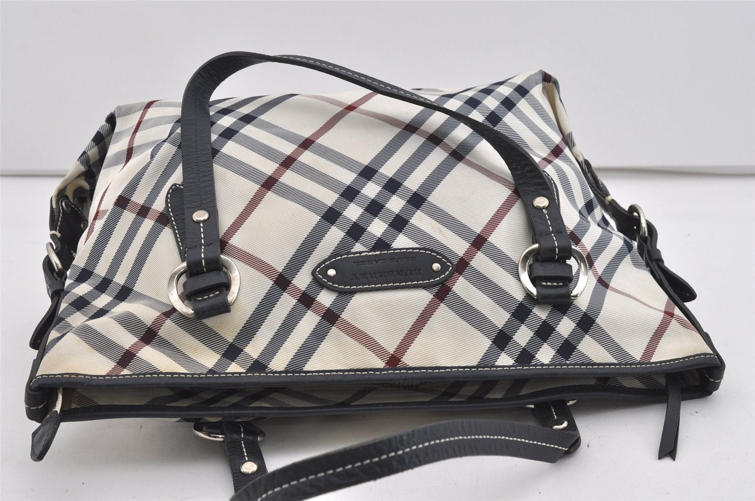 Authentic BURBERRY BLUE LABEL Check Shoulder Tote Bag Nylon Leather White 1141I