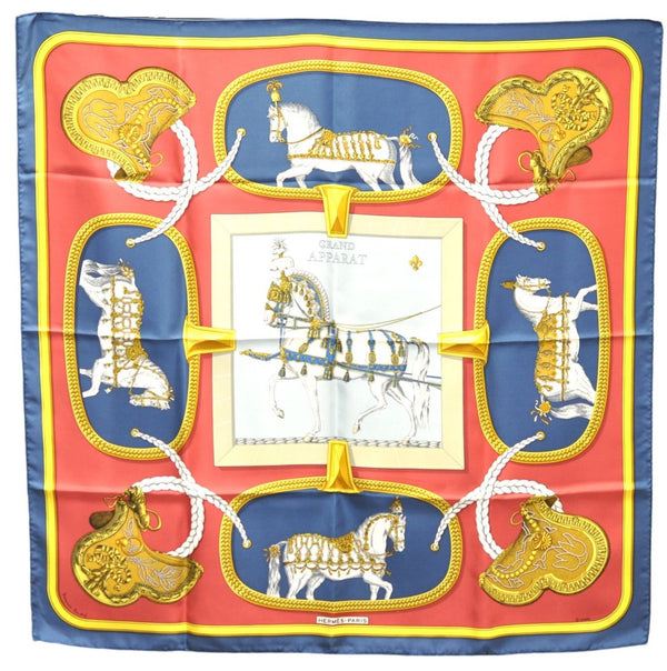 Authentic HERMES Carre 90 Scarf "GRAND APPARAT" Silk Blue Box 1143E