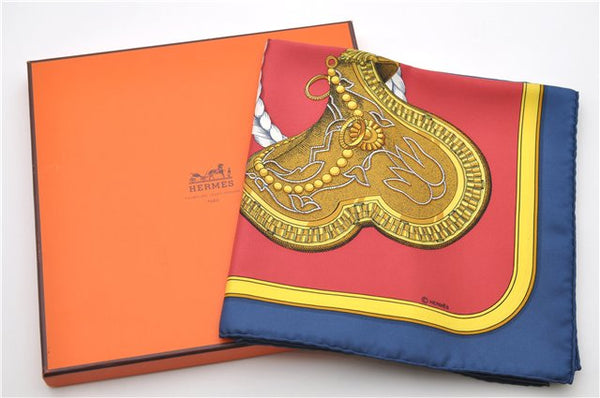 Authentic HERMES Carre 90 Scarf "GRAND APPARAT" Silk Blue Box 1143E