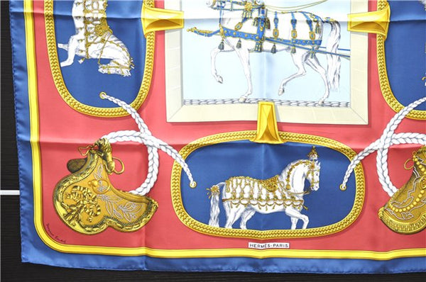 Authentic HERMES Carre 90 Scarf "GRAND APPARAT" Silk Blue Box 1143E