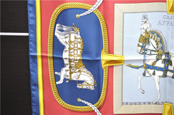 Authentic HERMES Carre 90 Scarf "GRAND APPARAT" Silk Blue Box 1143E