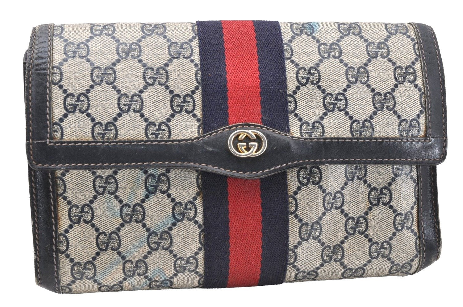 Authentic GUCCI Sherry Line Clutch Hand Bag Purse GG PVC Leather Navy Blue 1145I