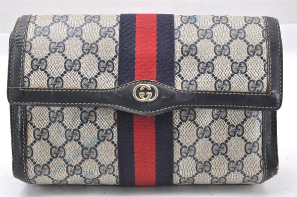 Authentic GUCCI Sherry Line Clutch Hand Bag Purse GG PVC Leather Navy Blue 1145I