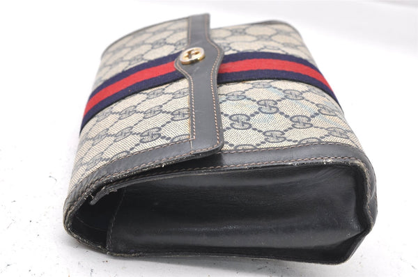 Authentic GUCCI Sherry Line Clutch Hand Bag Purse GG PVC Leather Navy Blue 1145I