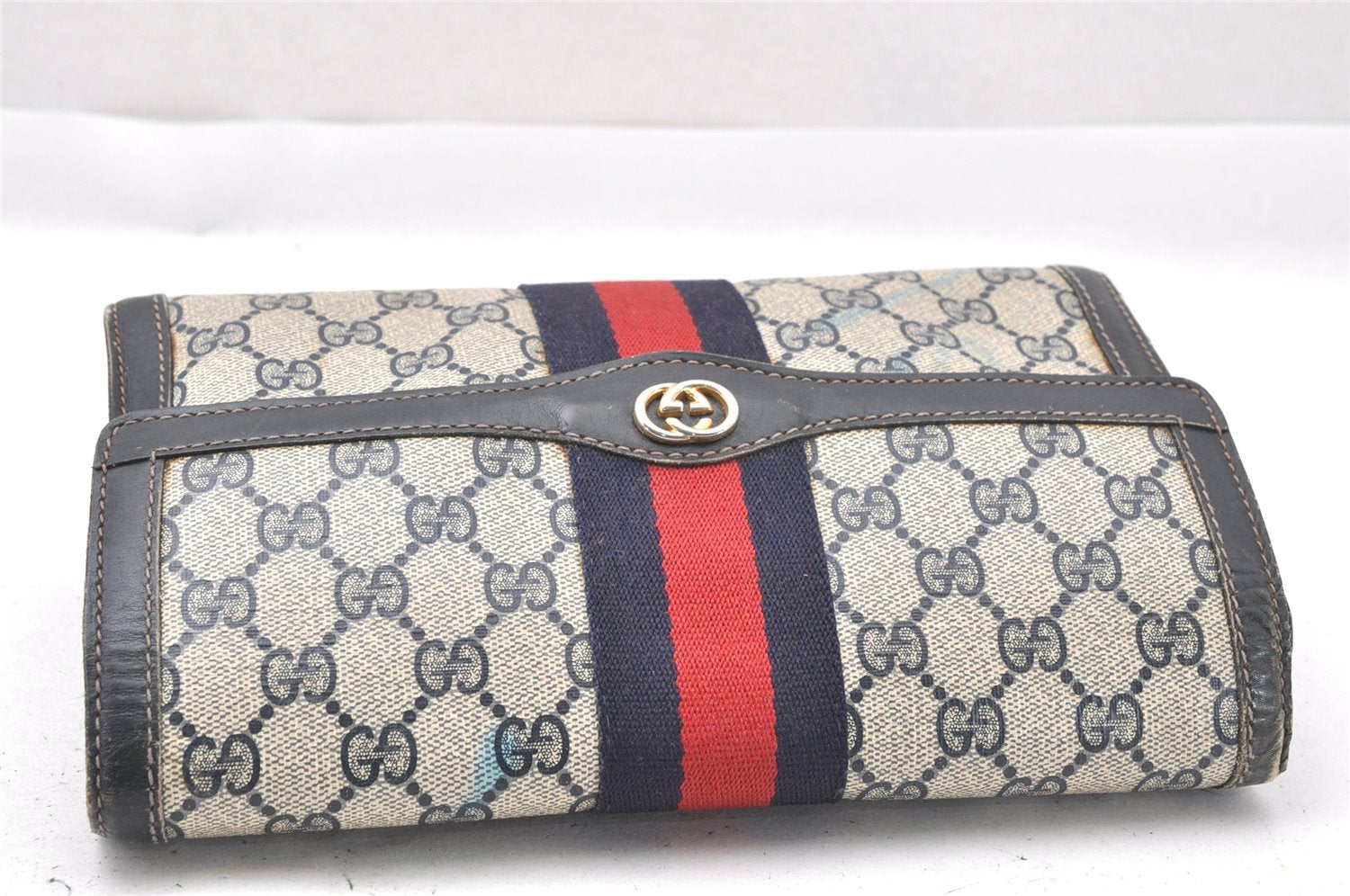 Authentic GUCCI Sherry Line Clutch Hand Bag Purse GG PVC Leather Navy Blue 1145I