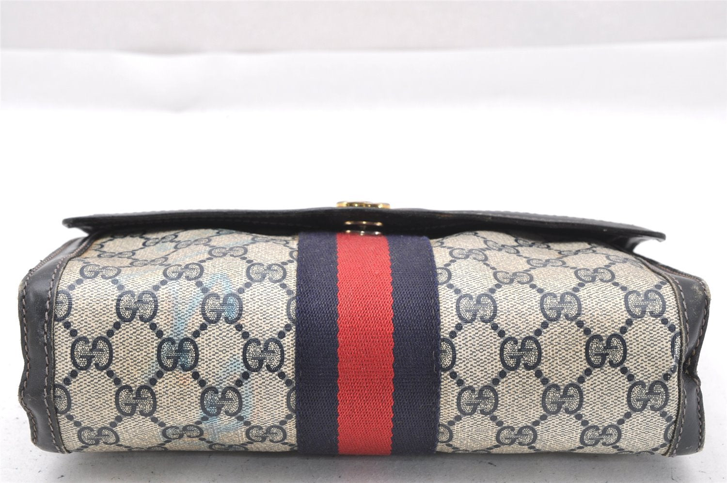 Authentic GUCCI Sherry Line Clutch Hand Bag Purse GG PVC Leather Navy Blue 1145I