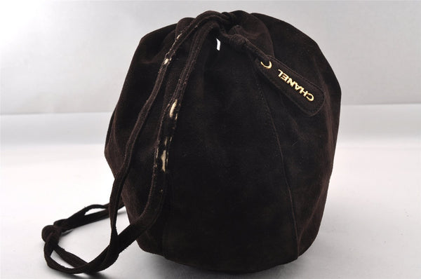 Authentic CHANEL Vintage Suede Shoulder Drawstring Bag Brown 1147I