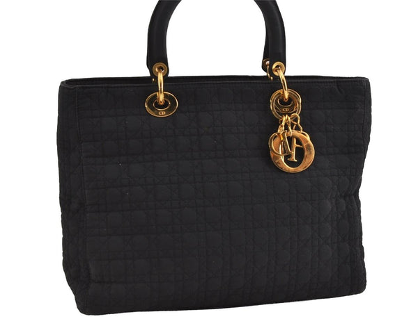 Authentic Christian Dior Lady Dior Cannage Canvas Hand Bag Black CD 1153I