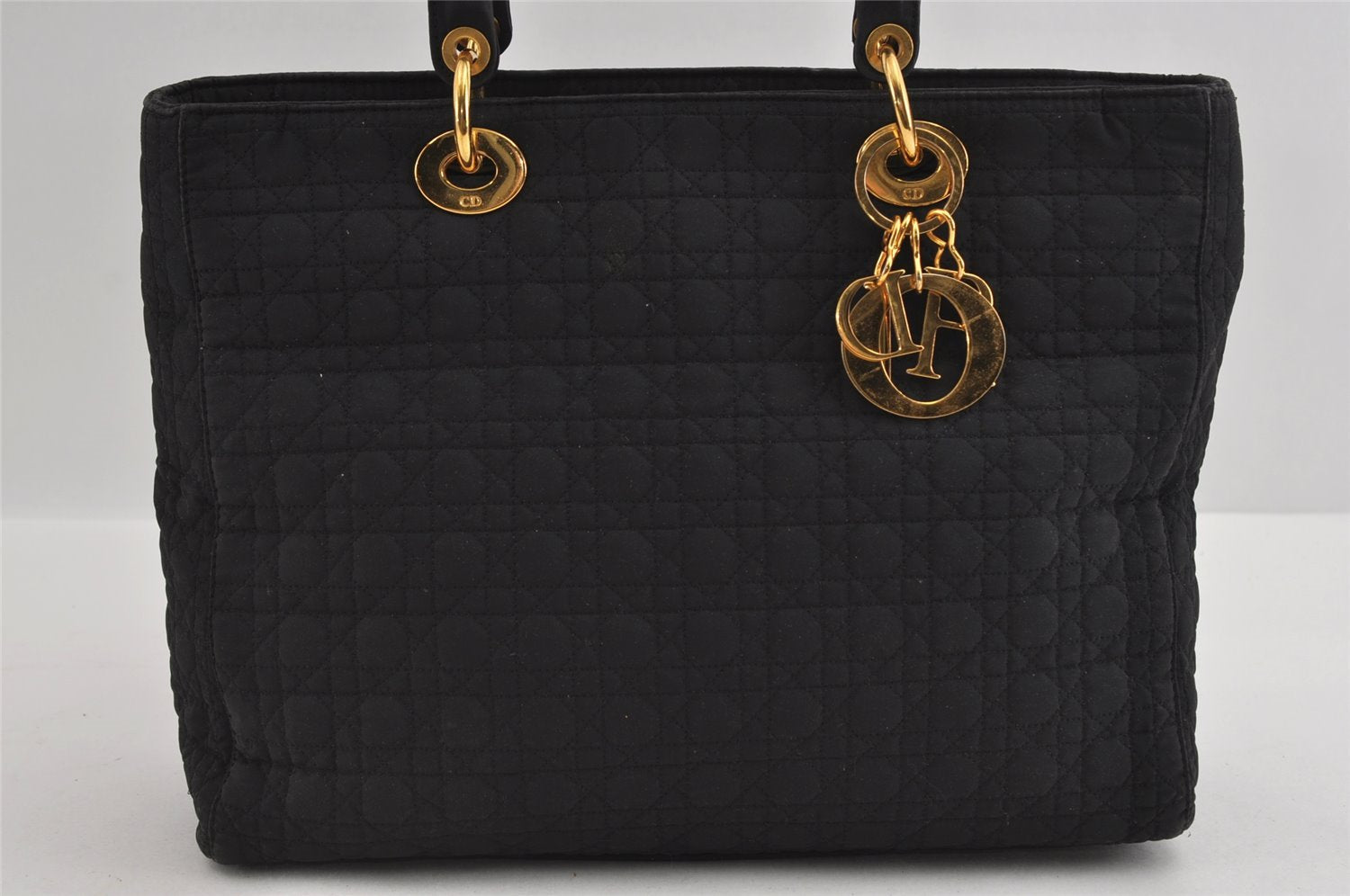 Authentic Christian Dior Lady Dior Cannage Canvas Hand Bag Black CD 1153I