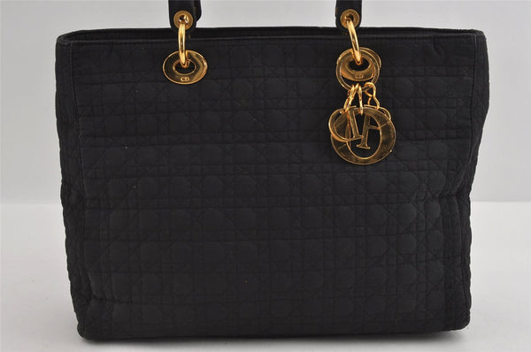 Authentic Christian Dior Lady Dior Cannage Canvas Hand Bag Black CD 1153I