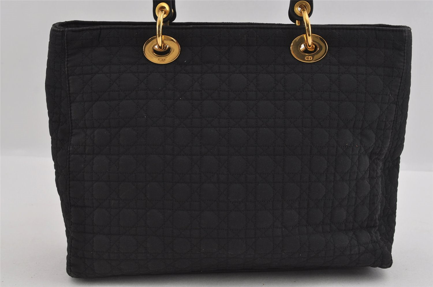 Authentic Christian Dior Lady Dior Cannage Canvas Hand Bag Black CD 1153I