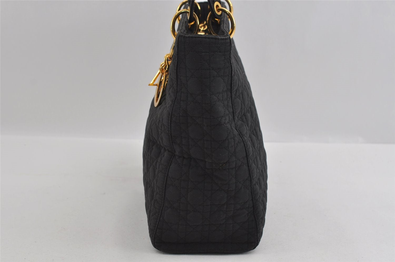 Authentic Christian Dior Lady Dior Cannage Canvas Hand Bag Black CD 1153I