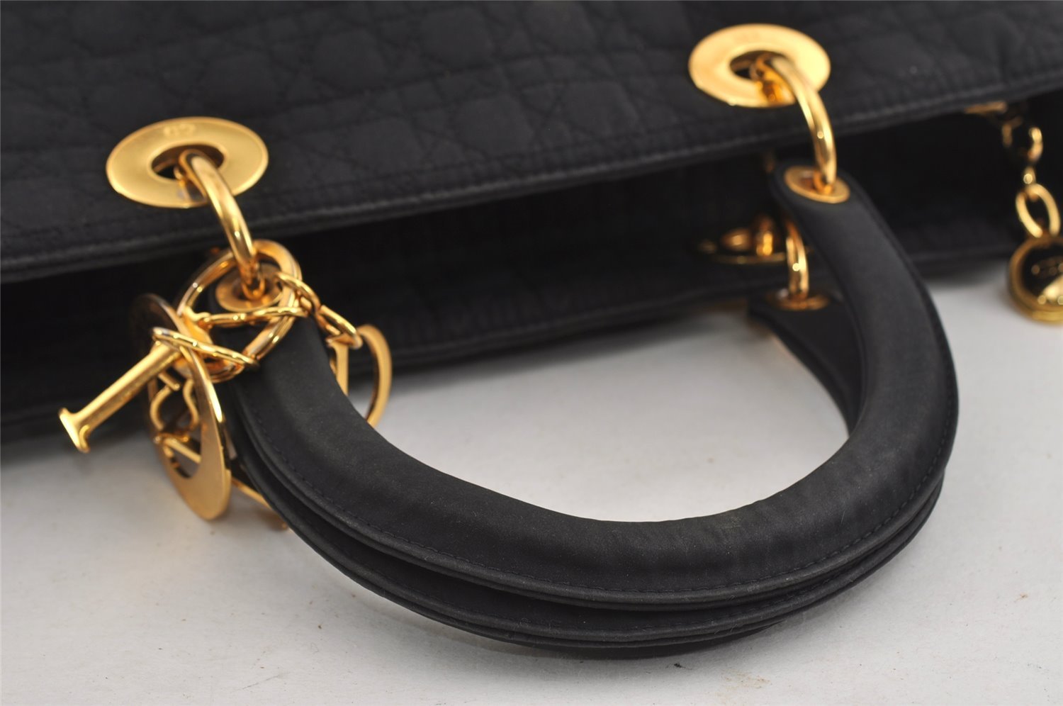 Authentic Christian Dior Lady Dior Cannage Canvas Hand Bag Black CD 1153I