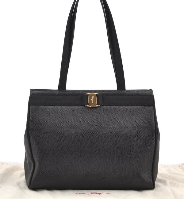 Authentic Salvatore Ferragamo Vara Vintage Leather Shoulder Tote Bag Black 1154I