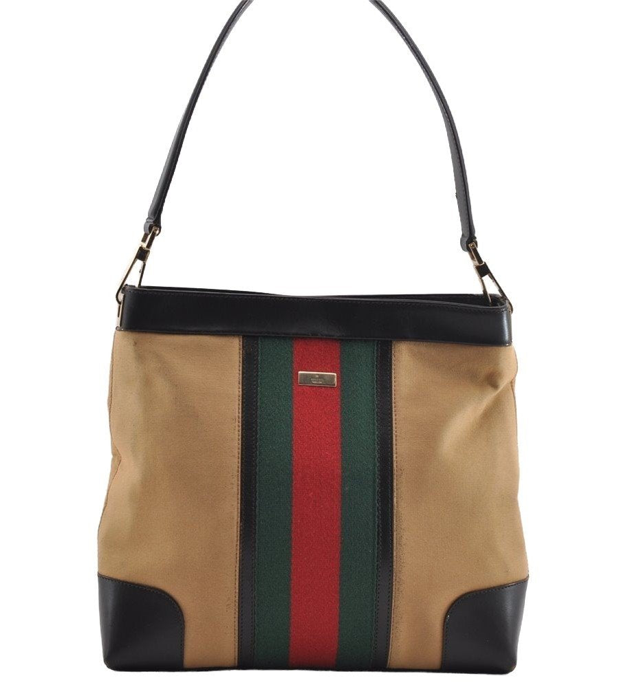 Authentic GUCCI Web Sherry Line Shoulder Bag Canvas Leather 0014231 Beige 1157I