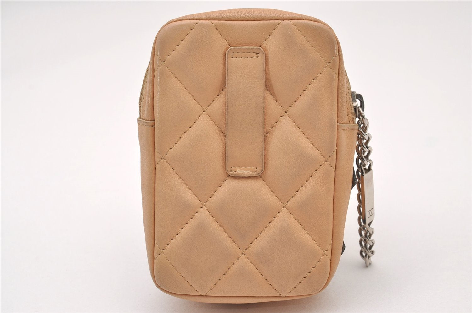Authentic CHANEL Calf Skin Cambon Line Cigarette Case Pouch Beige Box 1160I